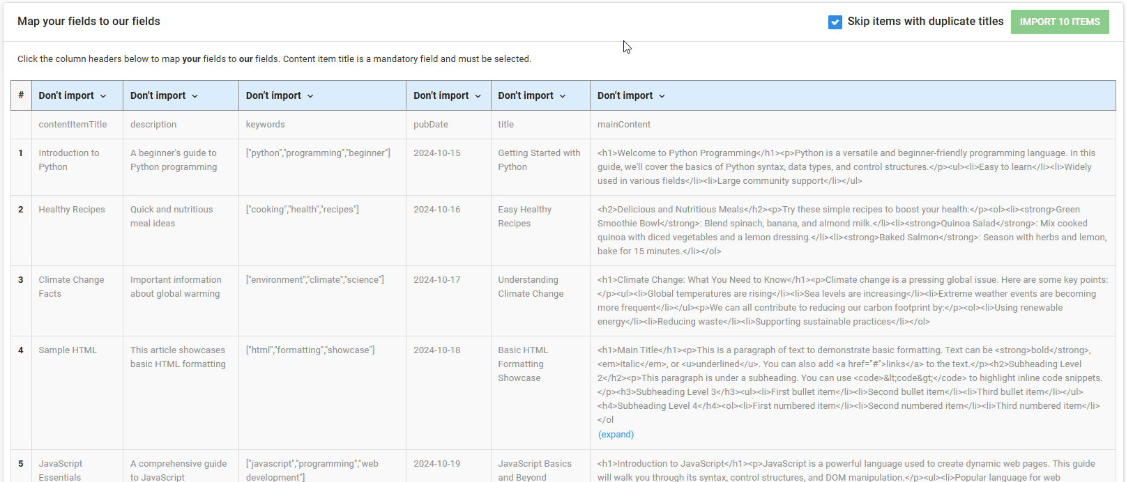 Mapping CSV columns to EasyContent template fields in the content migration tool