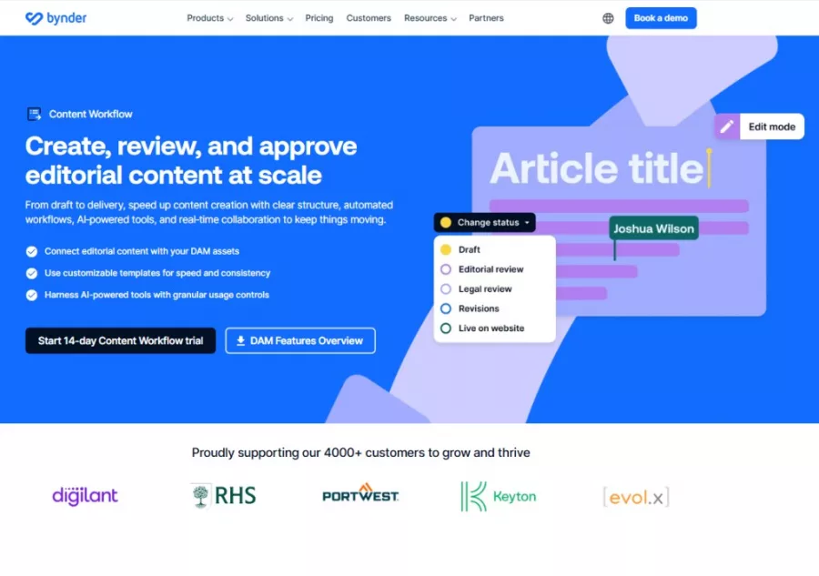Bynder Content Workflow homepage screenshot