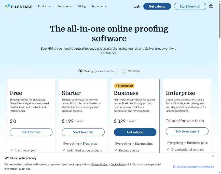 Filestage pricing tiers screenshot
