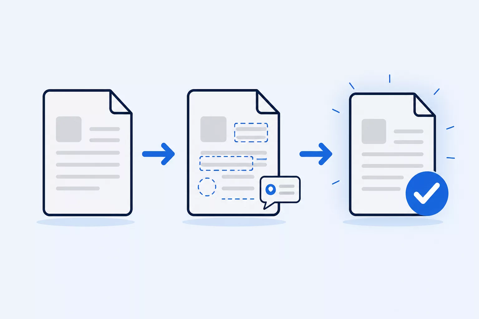 A page moving through draft, review and approved stages